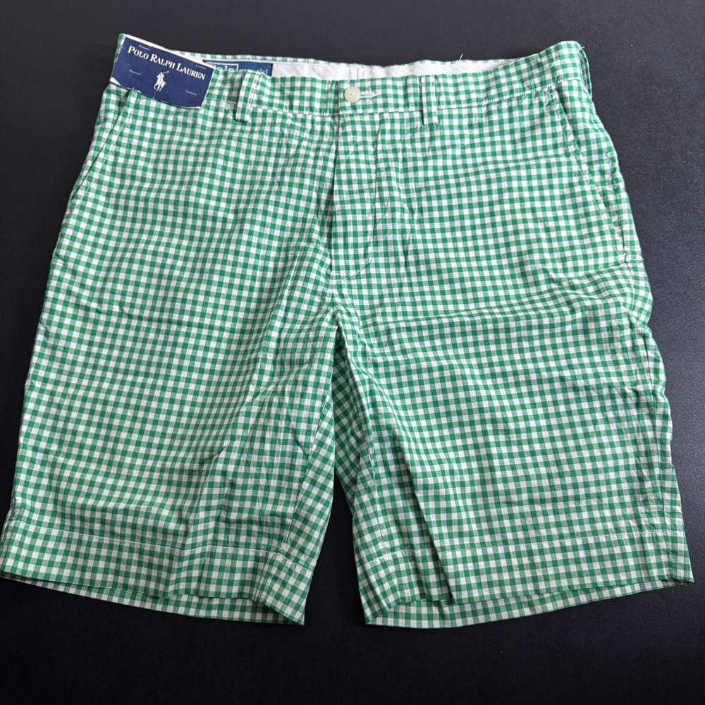 Polo Ralph Lauren Shorts Mens 35 Green Gingham Suffolk Cotton Classic Preppy